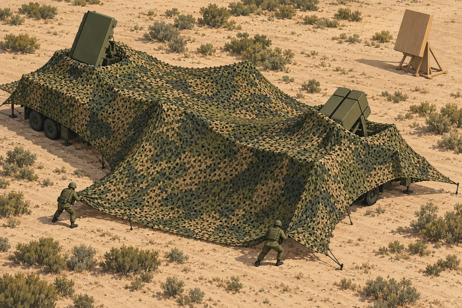 Two soldiers adjust camouflage netting over military vehicles and radar equipment in a sandy desert with scattered shrubs and a wooden panel nearby.