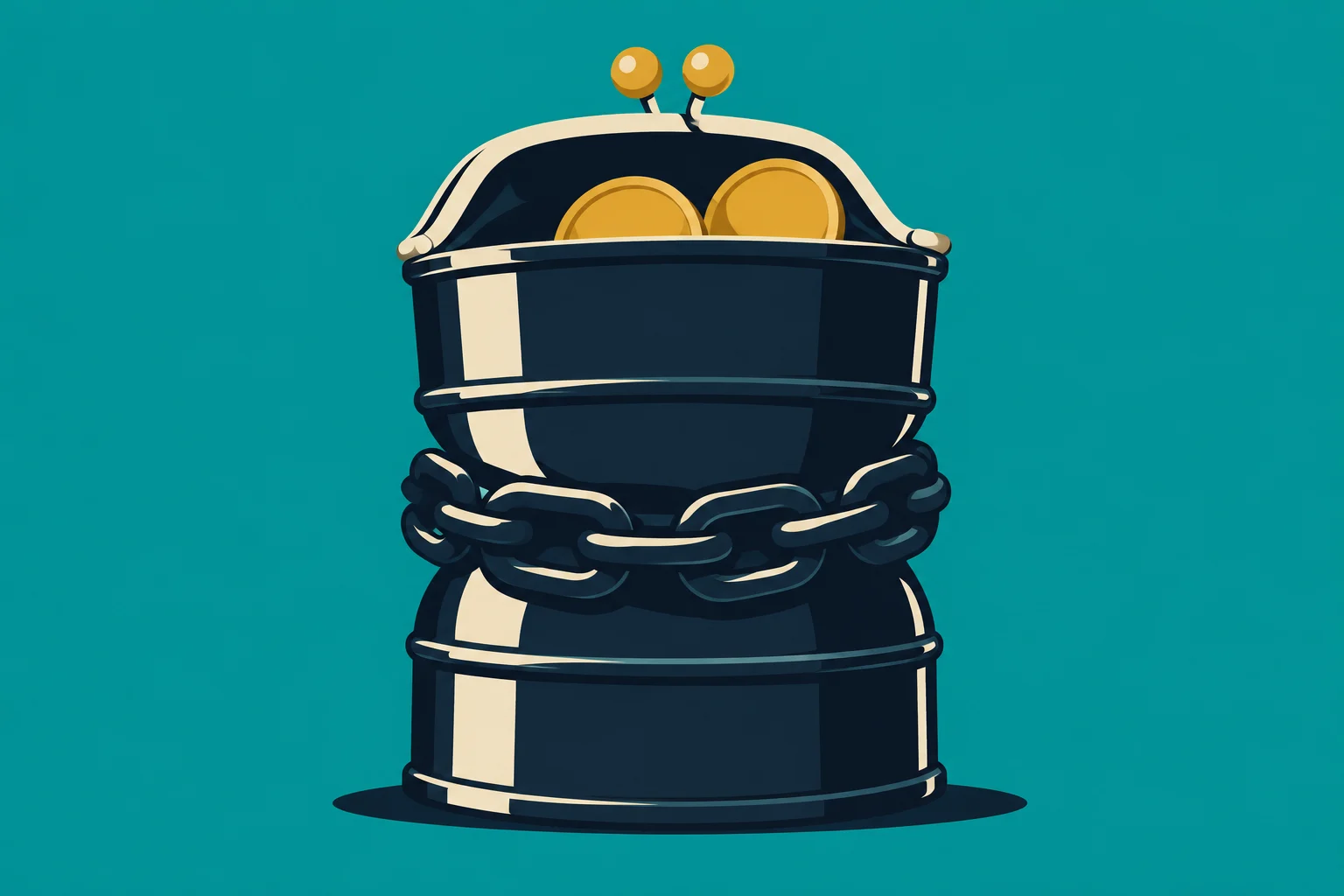 A dark coin purse holding gold coins is tightly wrapped in a heavy chain against a teal background.