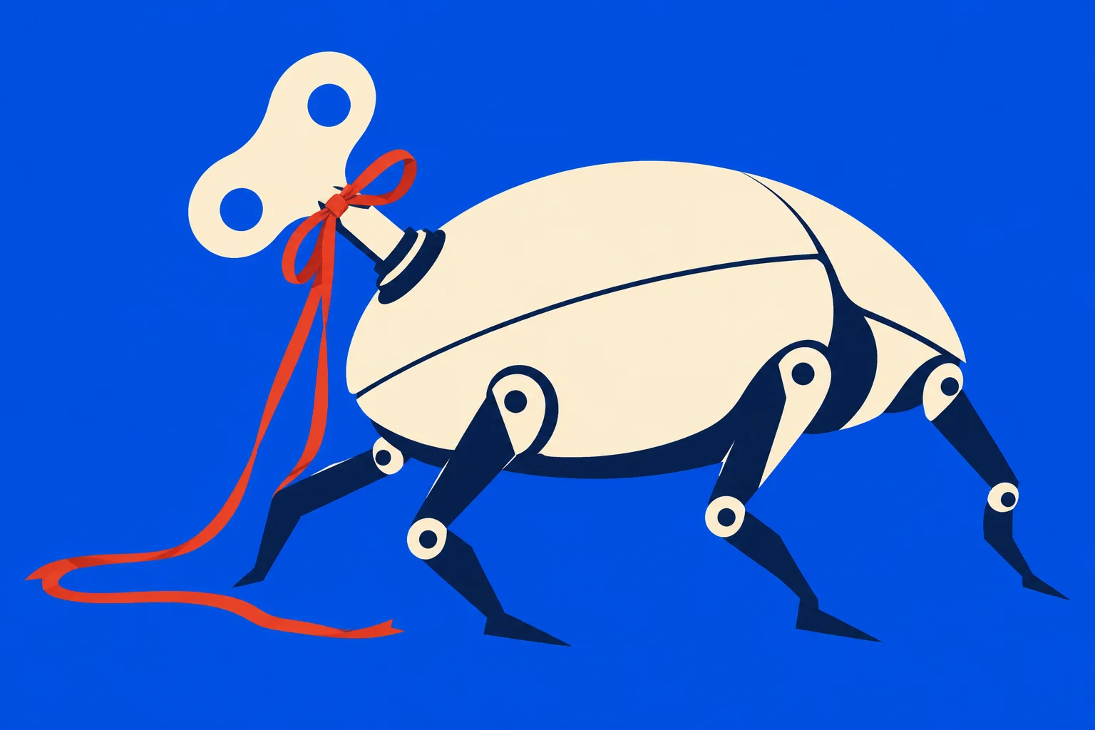 A cream and navy wind-up beetle with jointed legs and a red ribbon tied around its key stands against a bright blue background.