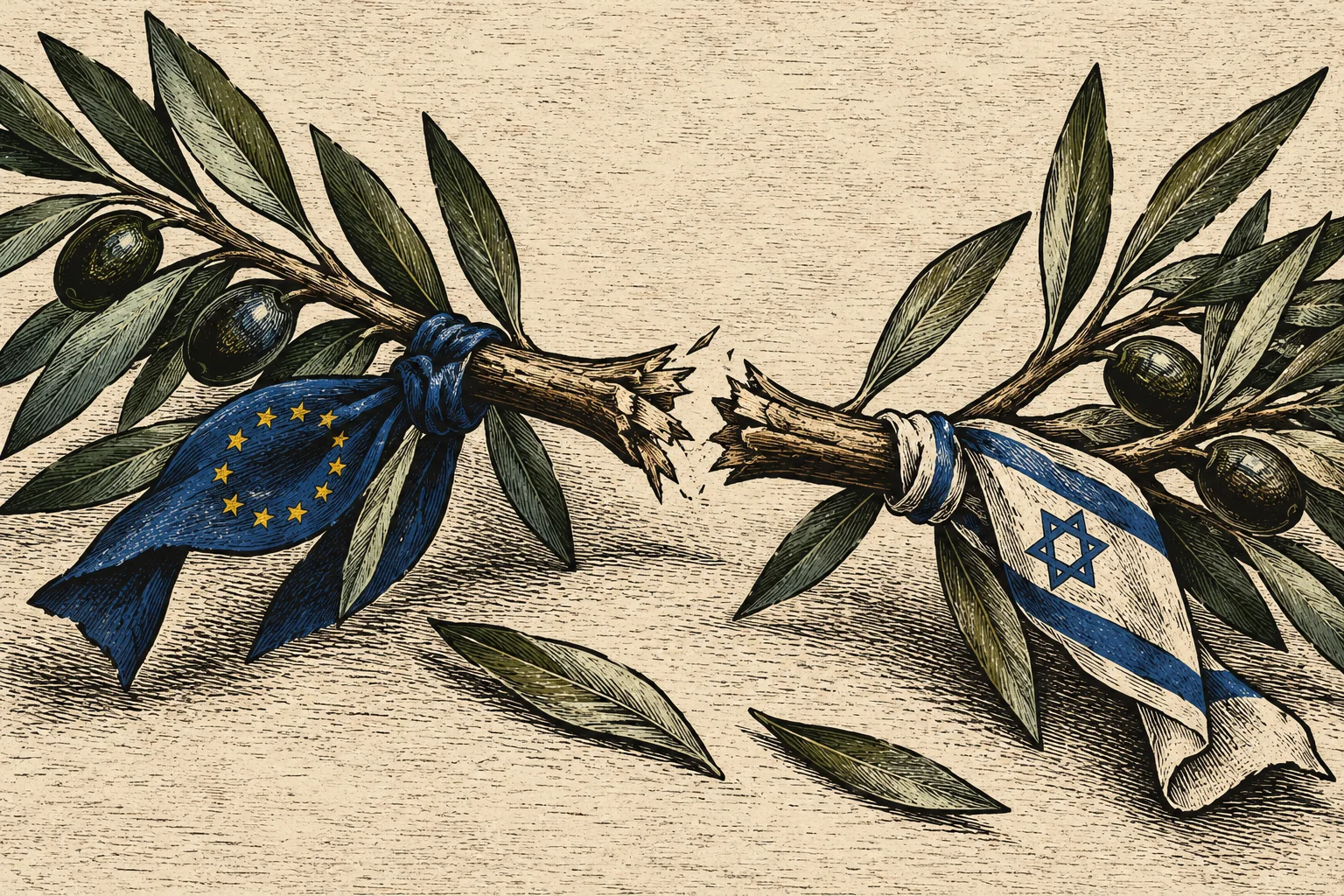 A woodcut-style illustration shows a broken olive branch with European Union and Israeli flags tied to opposite ends, with scattered leaves below.