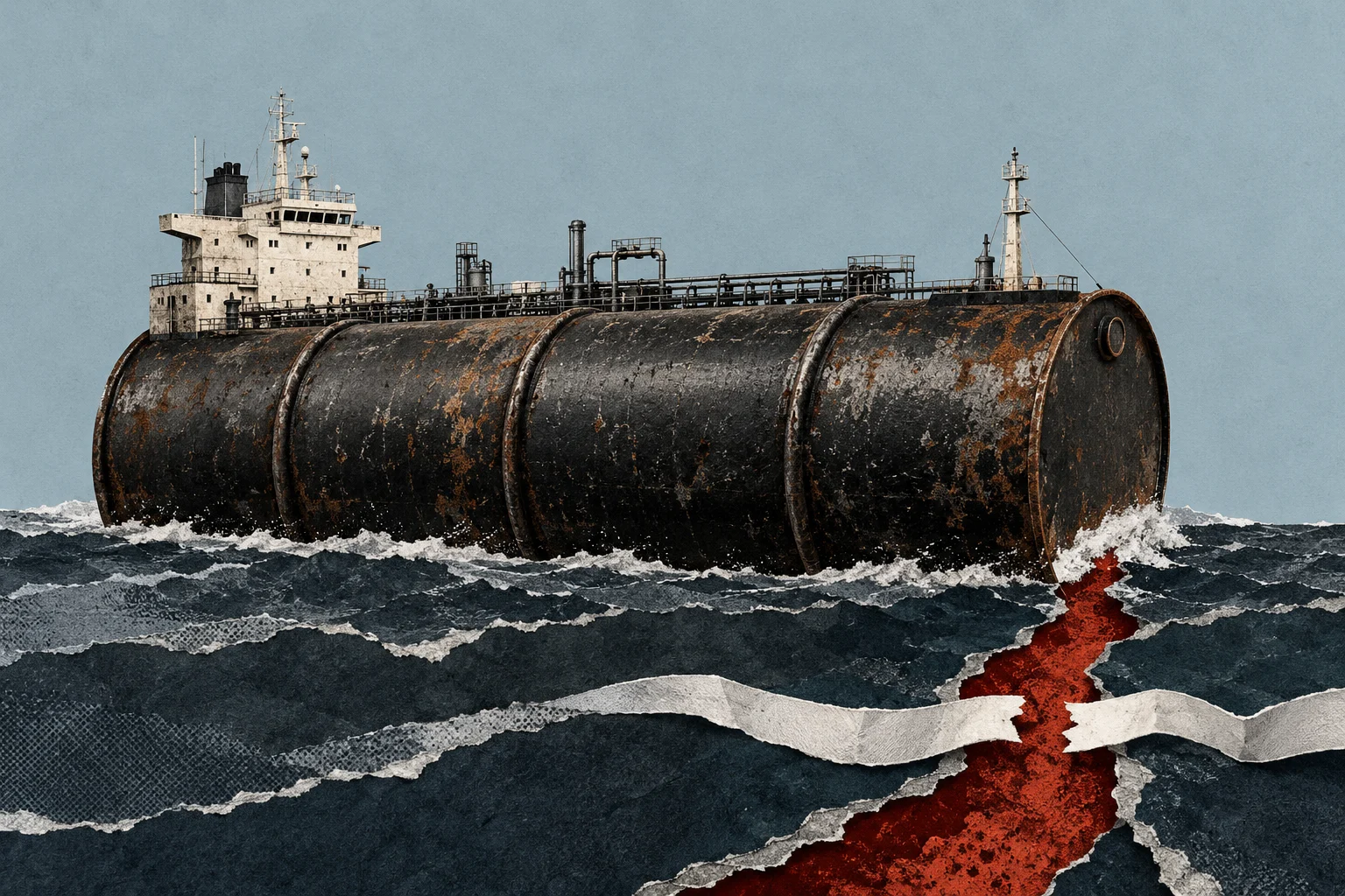 A rusty oil tanker shaped like a giant barrel sails through rough seas, trailing a red spill through layered, torn-paper waves.