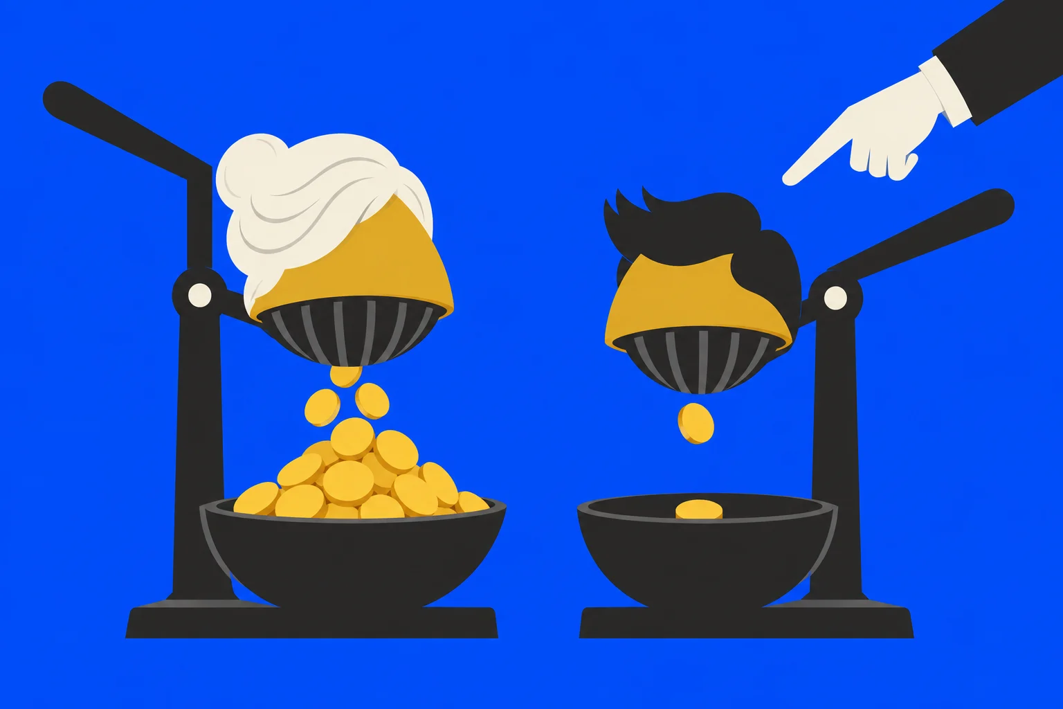 Two head-shaped coin presses have unequal piles of gold coins beneath them, while a pointing hand singles out the black-haired head against a blue background.