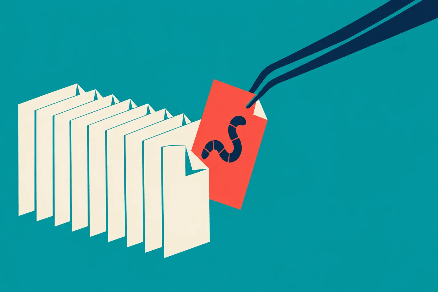 Dark blue tweezers lift a red document bearing a worm symbol from a row of cream documents against a teal background.