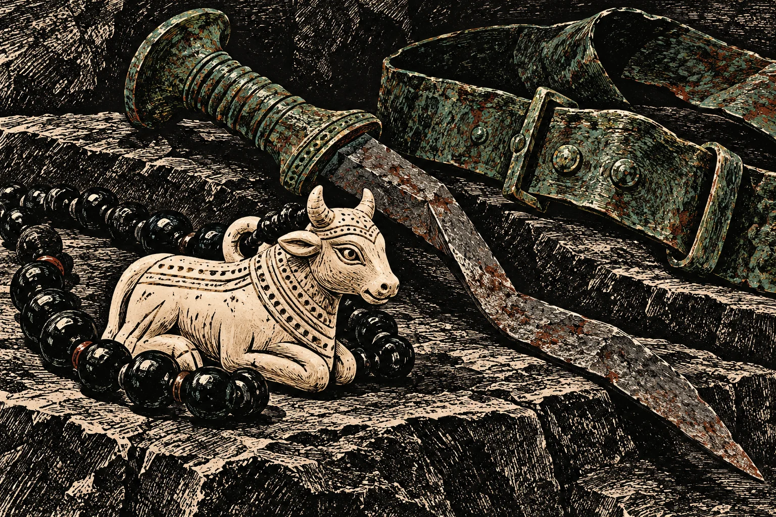 An ornate dagger with a wavy, rusted blade lies beside a weathered belt and a carved ivory-colored bull figurine surrounded by black beads on stone steps.