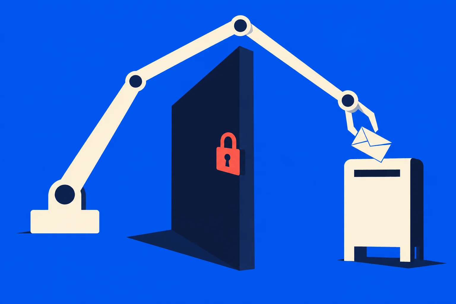 A robotic arm reaches over a locked barrier to drop an envelope into a mailbox against a bright blue background.