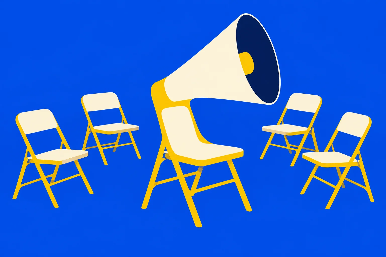 A large cream and yellow megaphone rises above a central folding chair, surrounded by four matching chairs against a bright blue background.