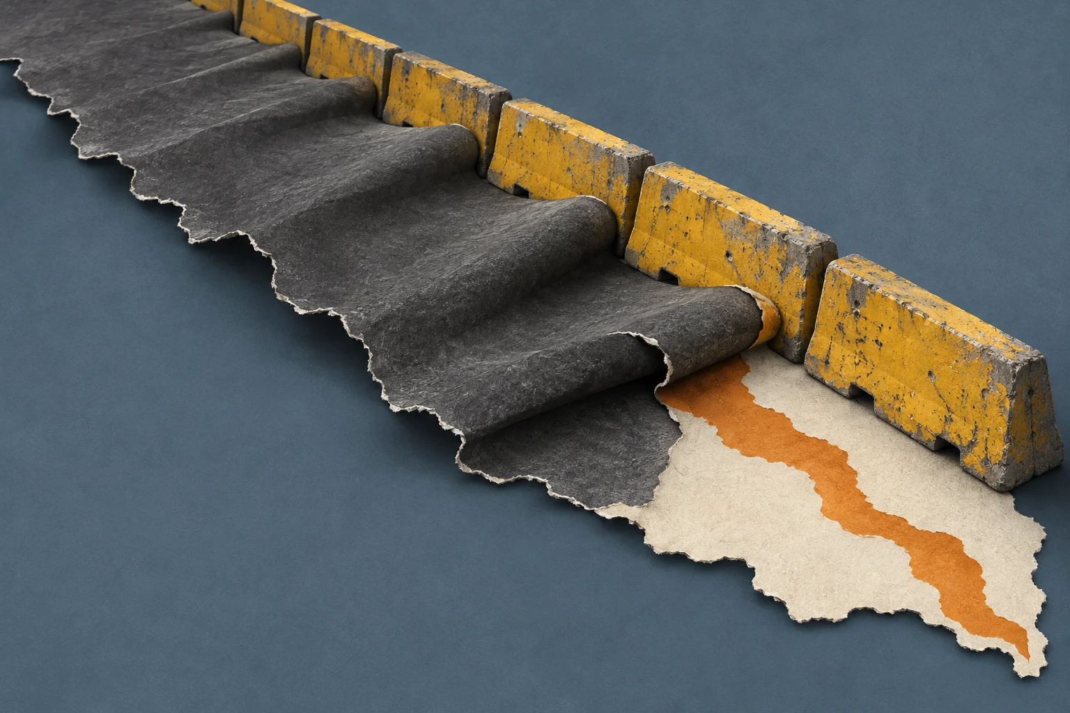 A torn, rolled strip of dark asphalt runs alongside weathered yellow concrete barriers, revealing cream paper with an orange winding line beneath it.