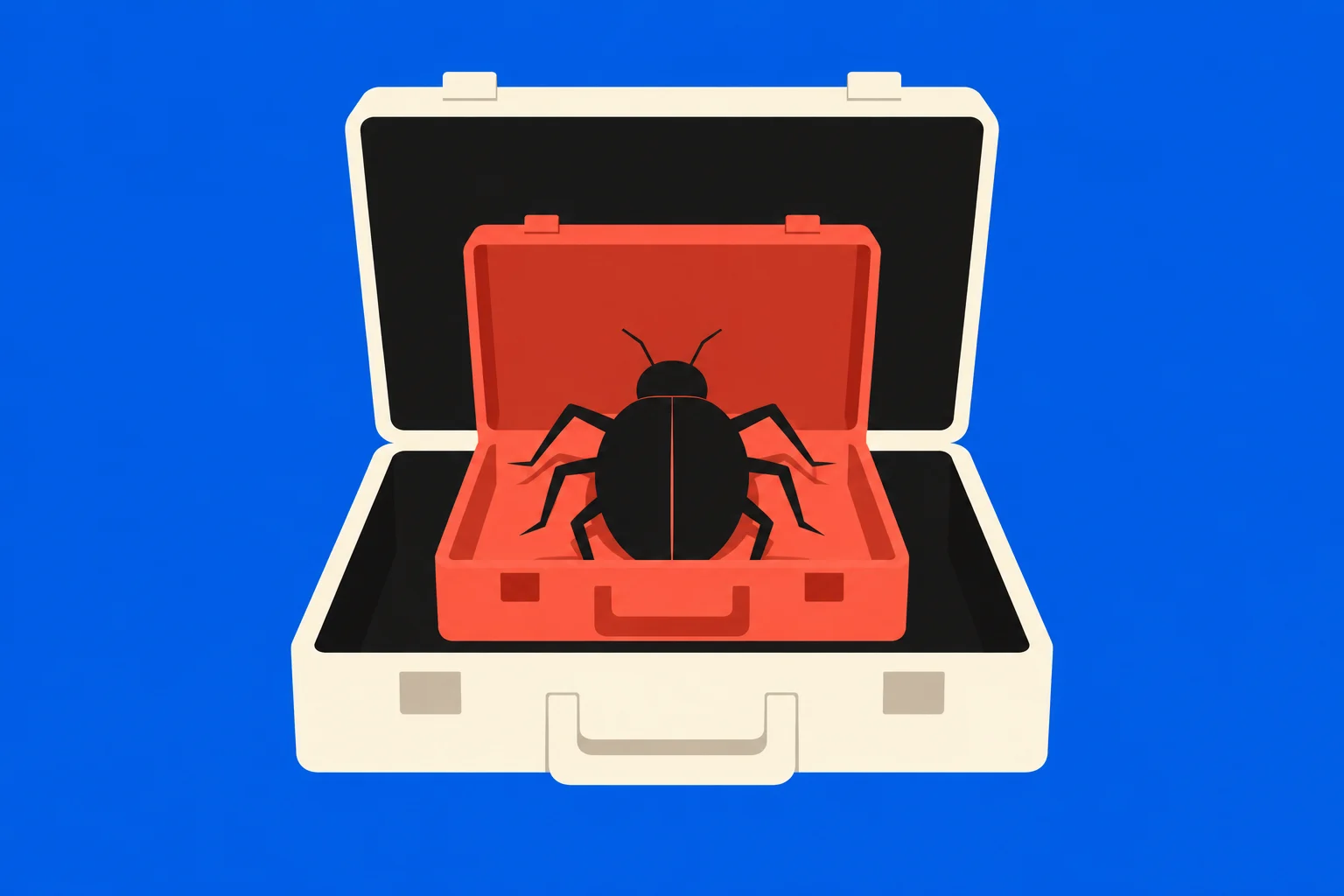 A black beetle sits inside an open red suitcase nested within a larger open cream suitcase against a blue background.
