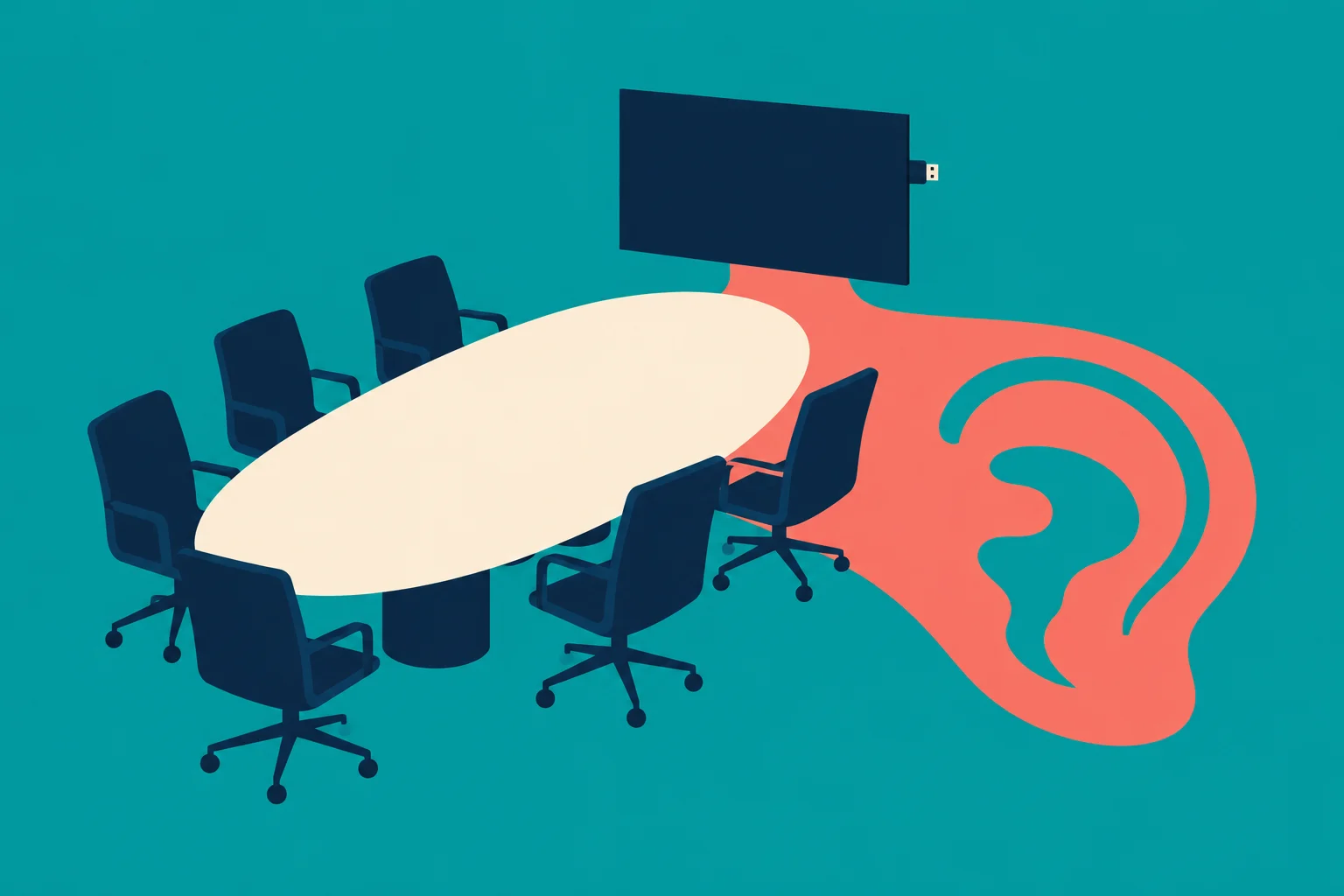 An oval conference table with six navy office chairs faces a dark monitor, beside a giant coral ear on a teal background.