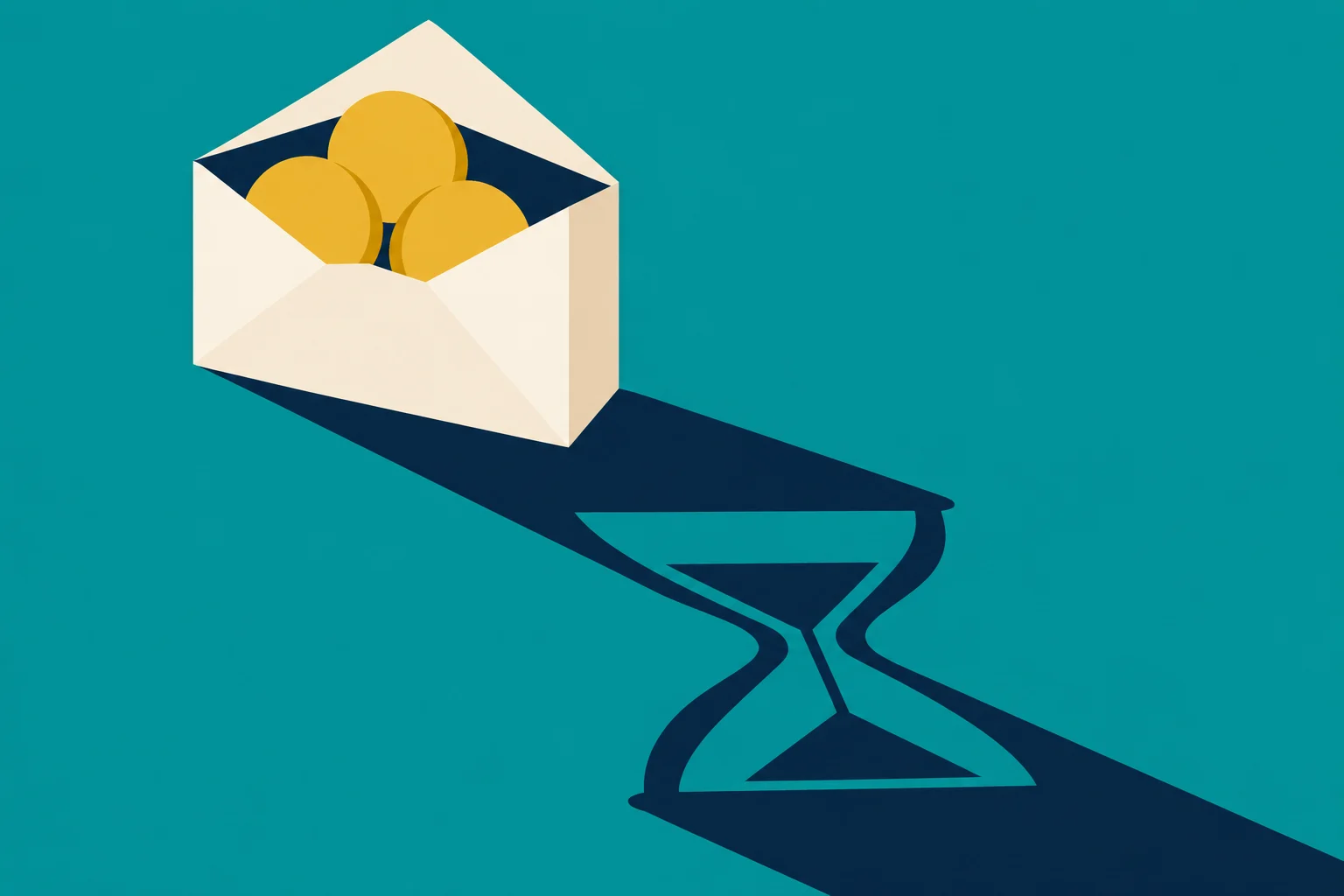 An open cream envelope holds gold coins on a teal background, casting a long dark shadow shaped like an hourglass.