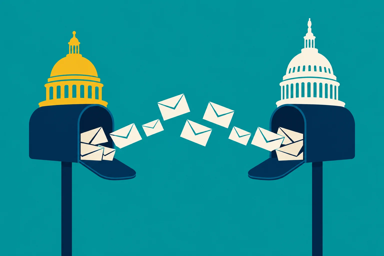 Envelopes fly between two open navy mailboxes topped with gold and white capitol domes against a teal background.