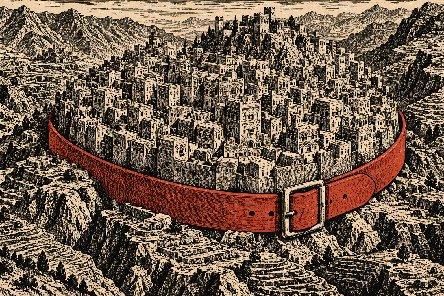 A giant red belt encircles a densely packed mountain city, rendered in black ink on tan paper amid rugged peaks and terraced valleys.