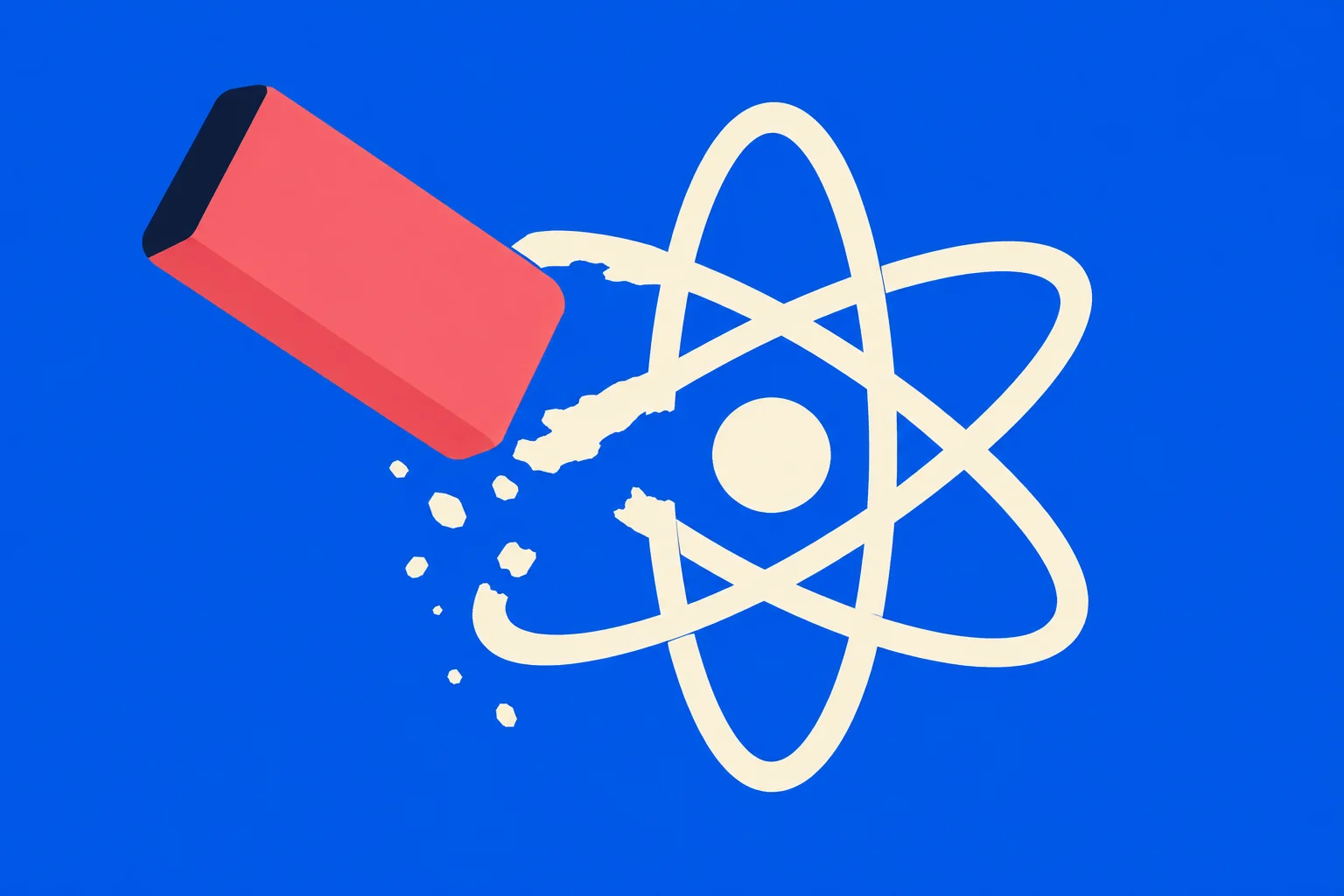A pink eraser rubs away part of a cream atom symbol, leaving scattered crumbs against a bright blue background.