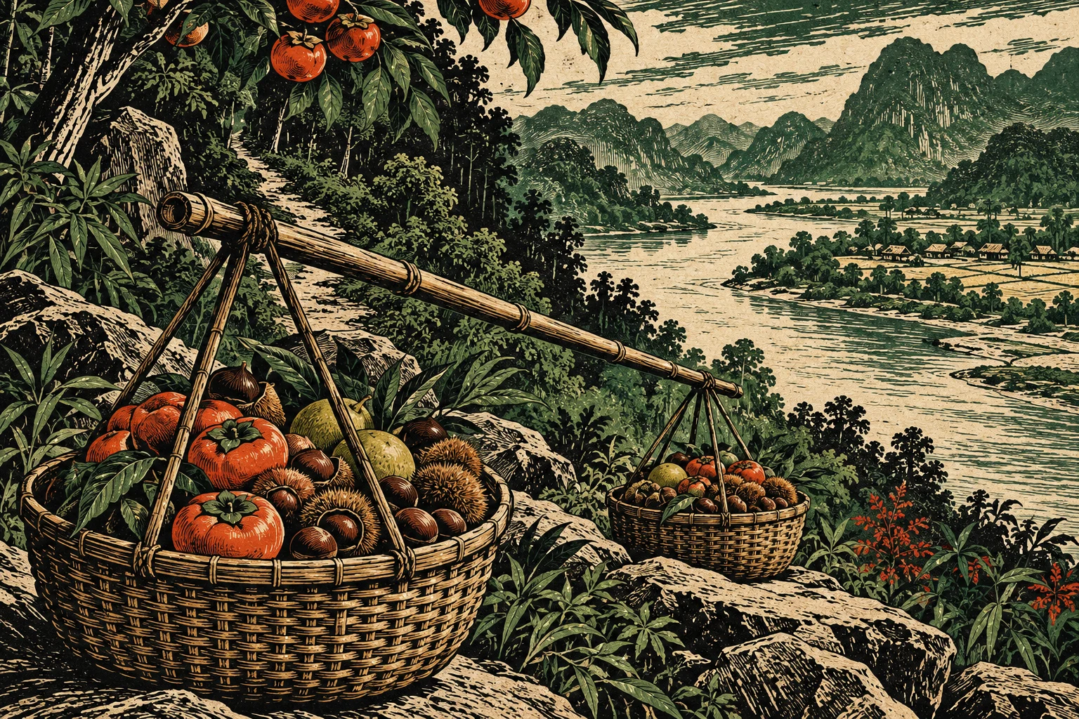 Two woven baskets filled with fruit and chestnuts hang from a bamboo pole overlooking a winding river, rural fields, and forested mountains.