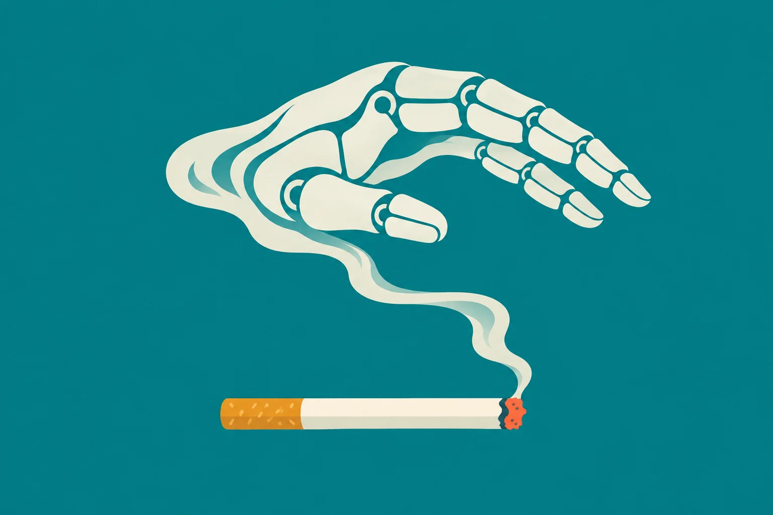 Cream-colored cigarette smoke forms a skeletal hand above a burning cigarette against a teal background.