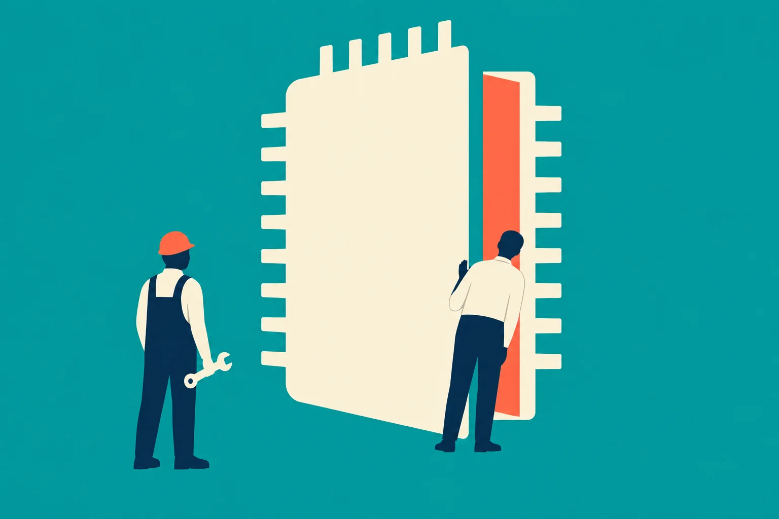 Two workers, one holding a wrench, stand beside an oversized cream microchip with an orange side panel against a teal background.