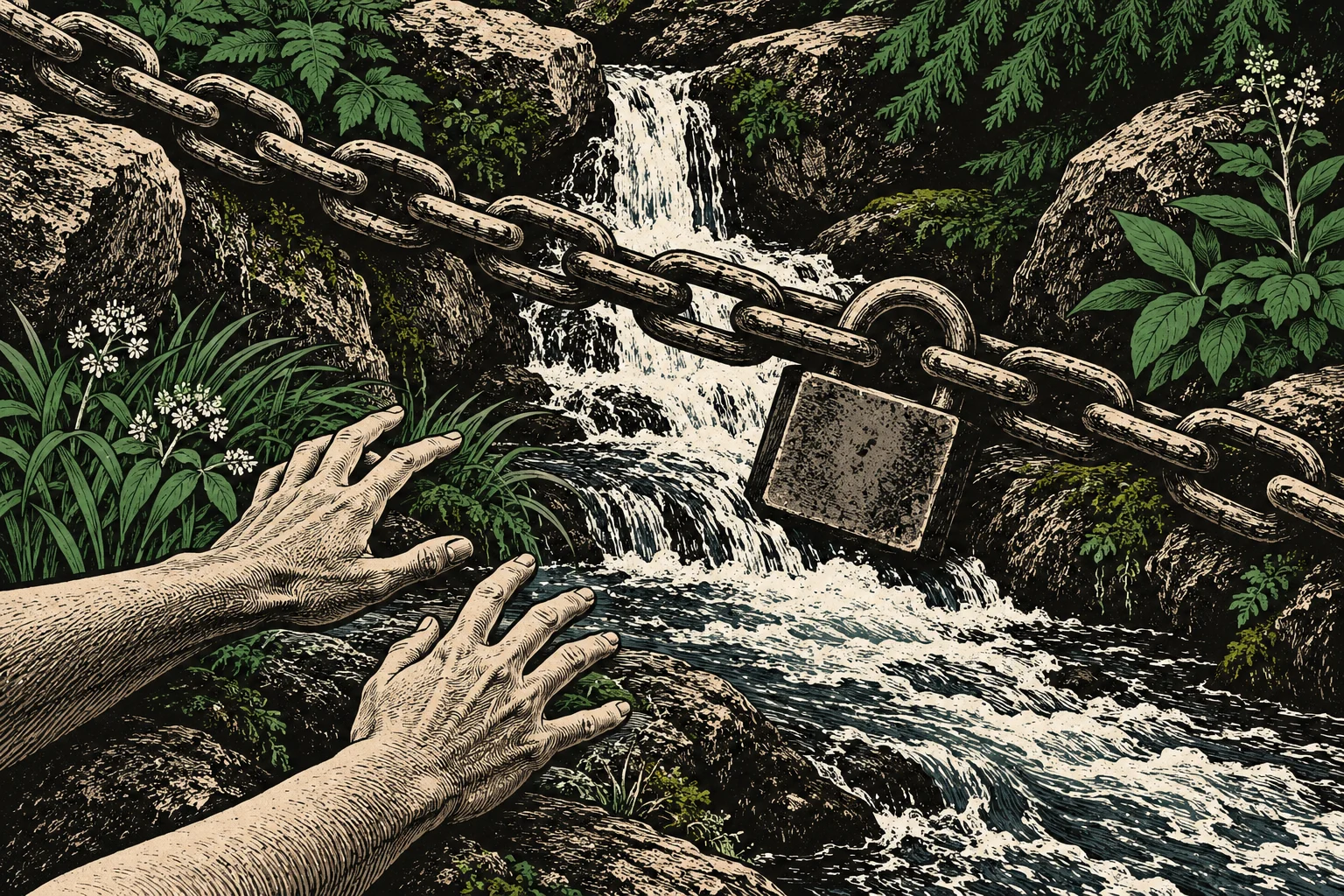 Two hands reach toward a heavy chain and padlock stretched across a rocky forest stream with cascading water, green foliage, and small white flowers.