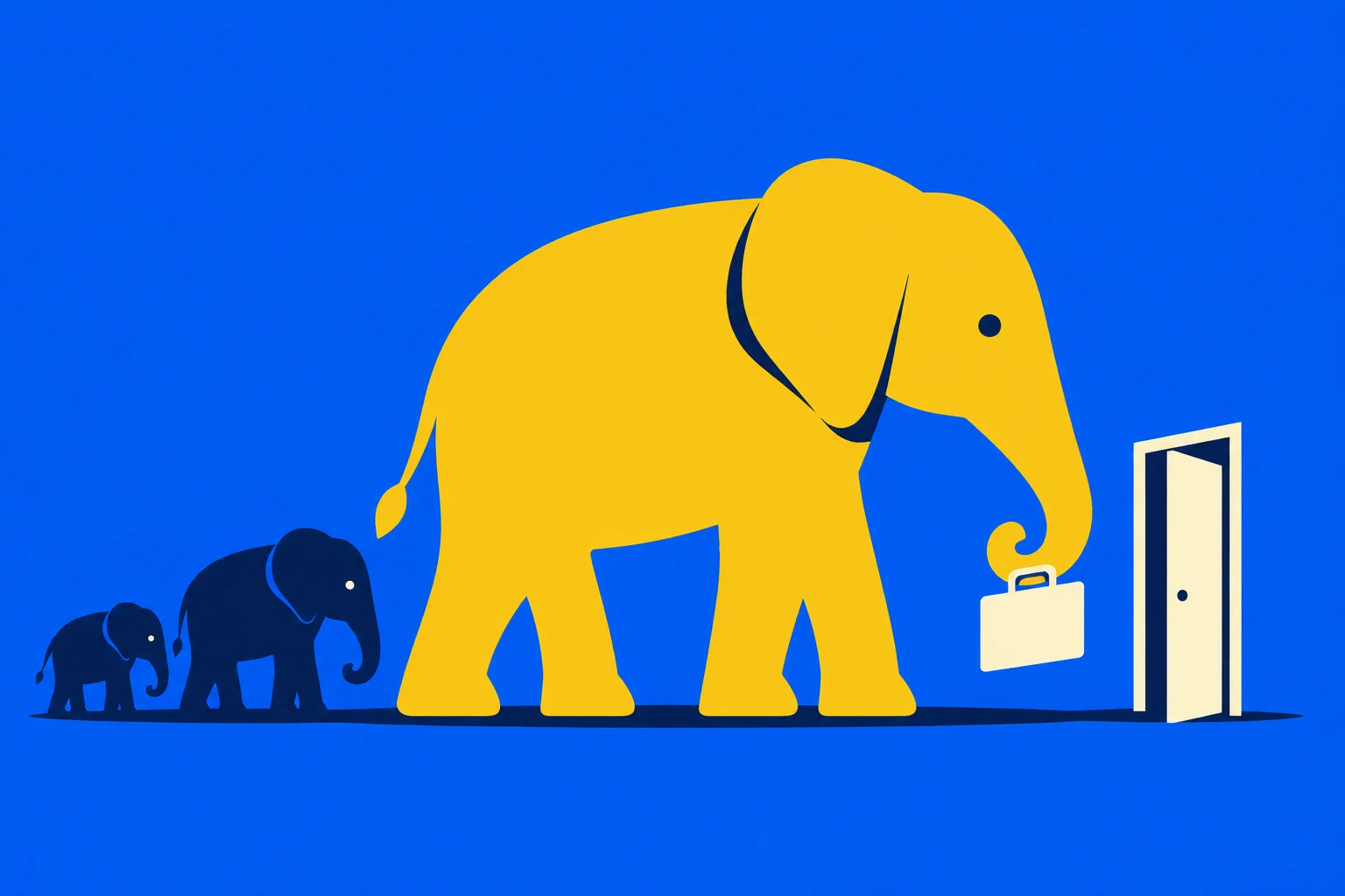 A large yellow elephant carrying a briefcase approaches an open door, followed by two smaller dark blue elephants against a bright blue background.