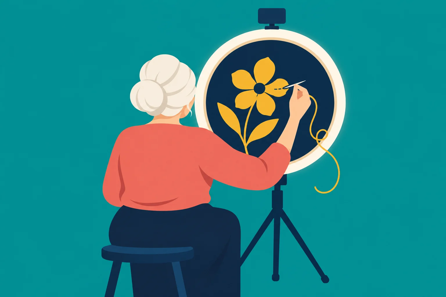 A gray-haired woman sits on a stool, embroidering a yellow flower on dark fabric held in a large hoop on a tripod stand.