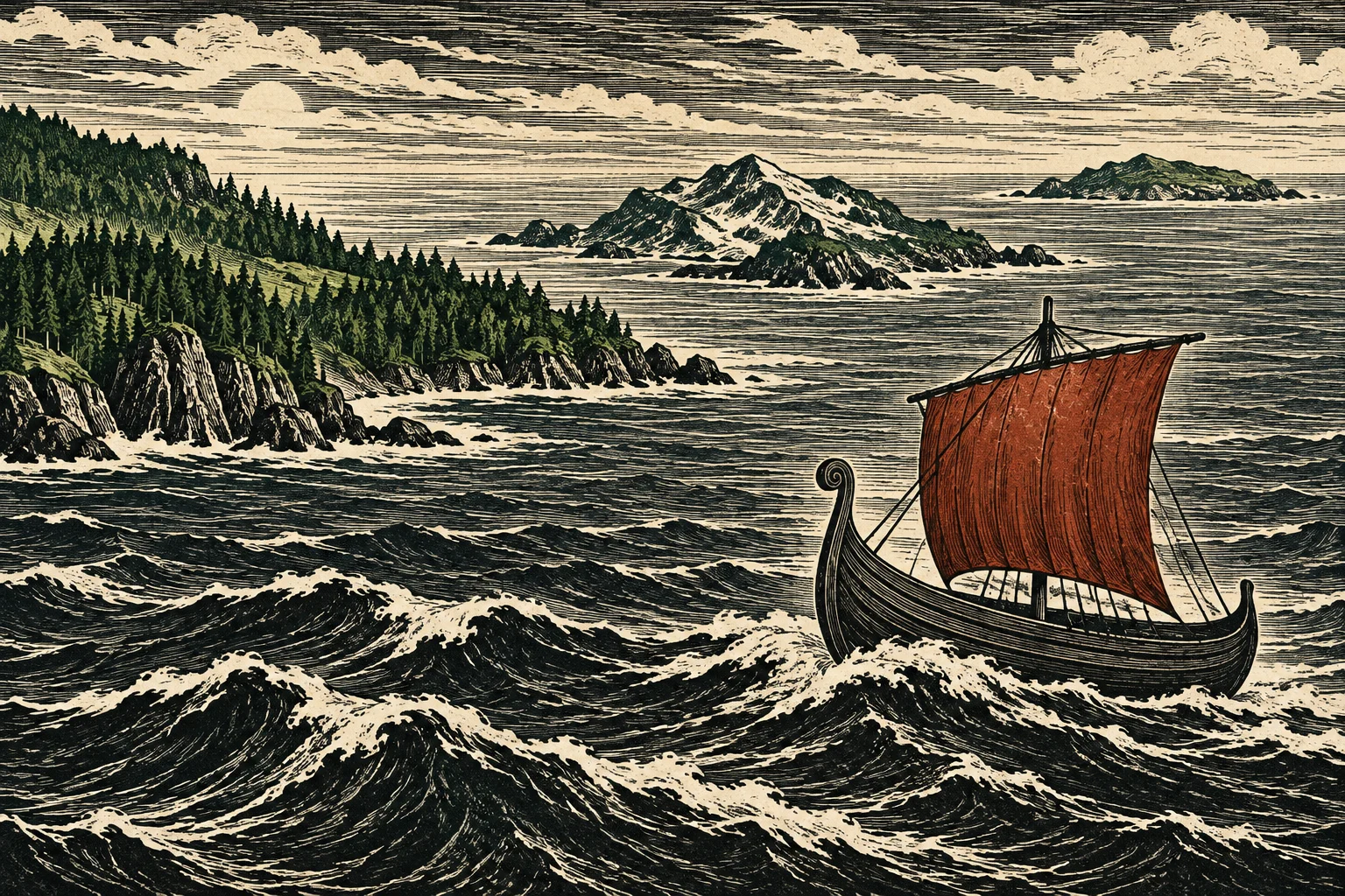 A woodcut-style Viking longship with a red sail crosses rough seas beside a forested rocky coastline, with snowy mountains and clouds in the distance.