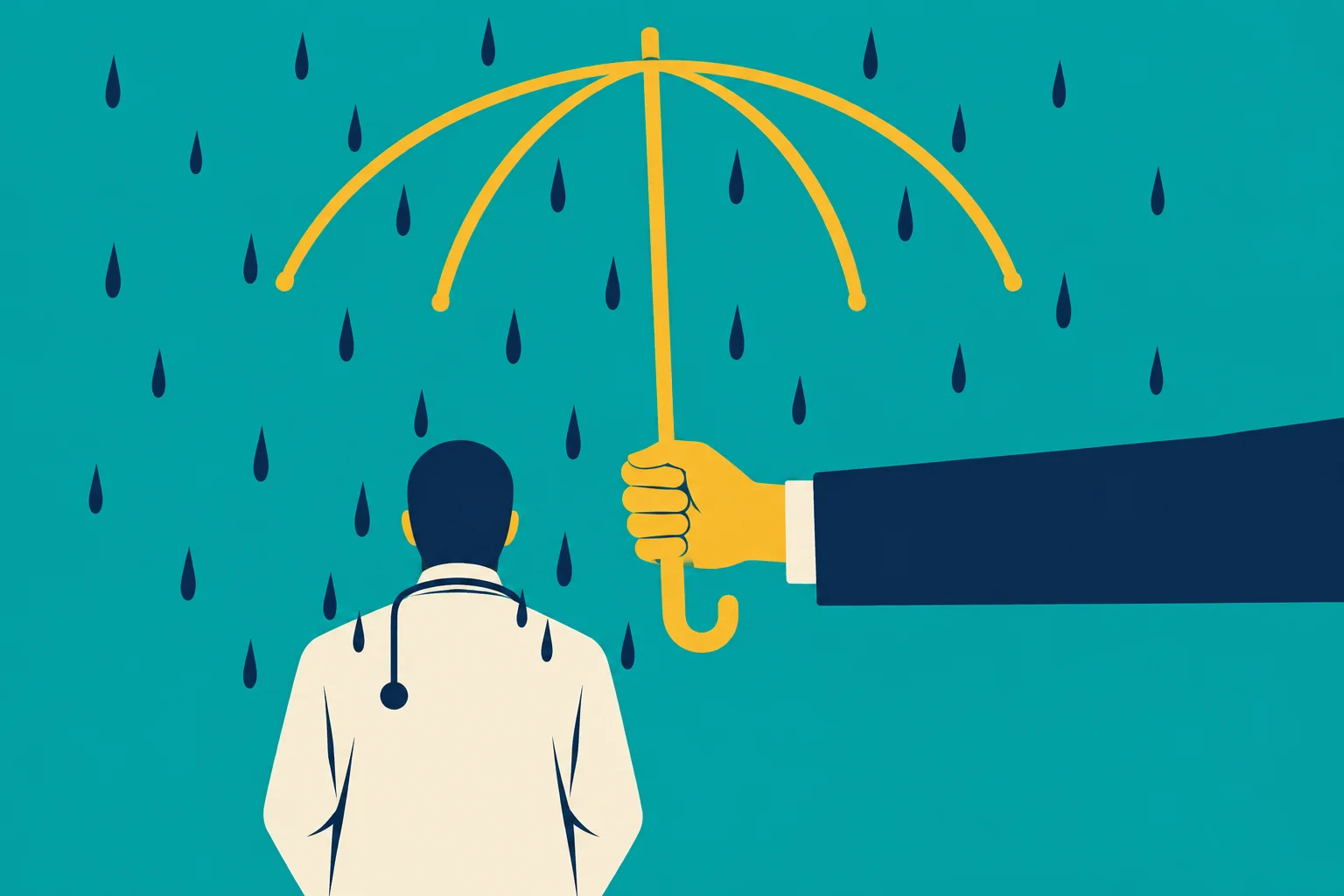 A large hand holds a yellow umbrella frame over a doctor in a white coat as dark blue raindrops fall against a teal background.
