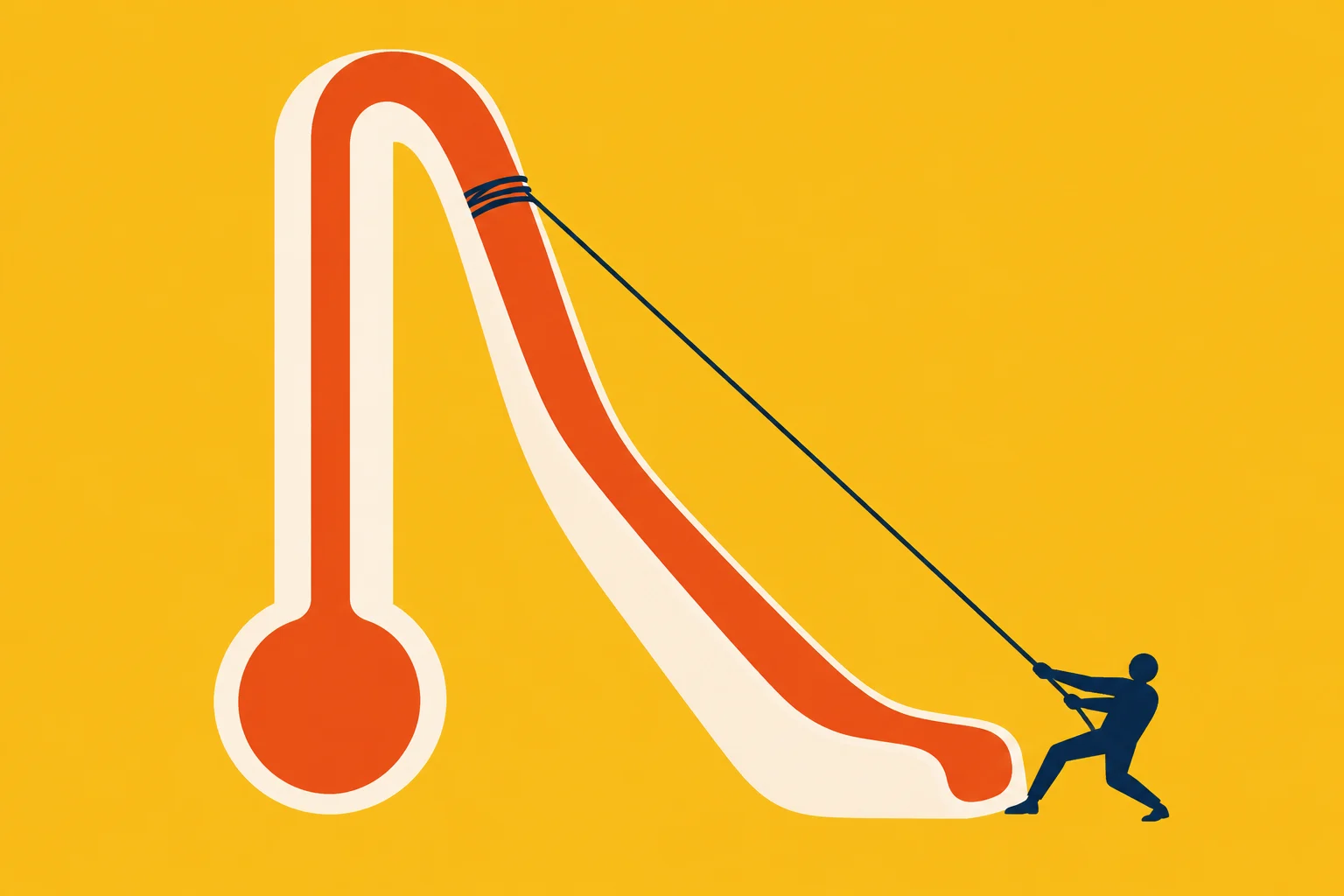 A blue silhouette pulls a rope tied around a large red thermometer that bends downward against a yellow background.