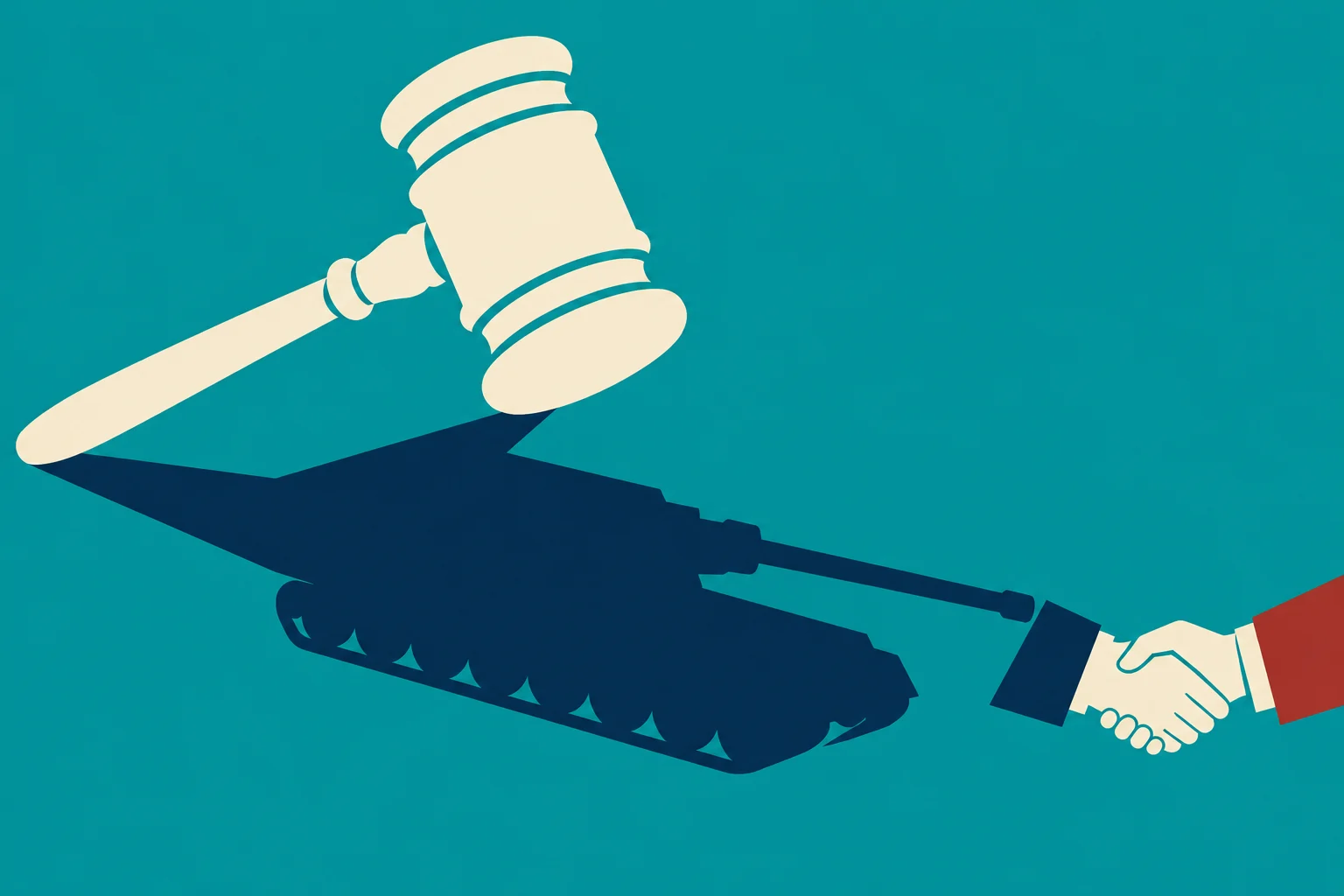 A cream-colored judge’s gavel casts a dark blue tank-shaped shadow toward two clasped hands against a teal background.