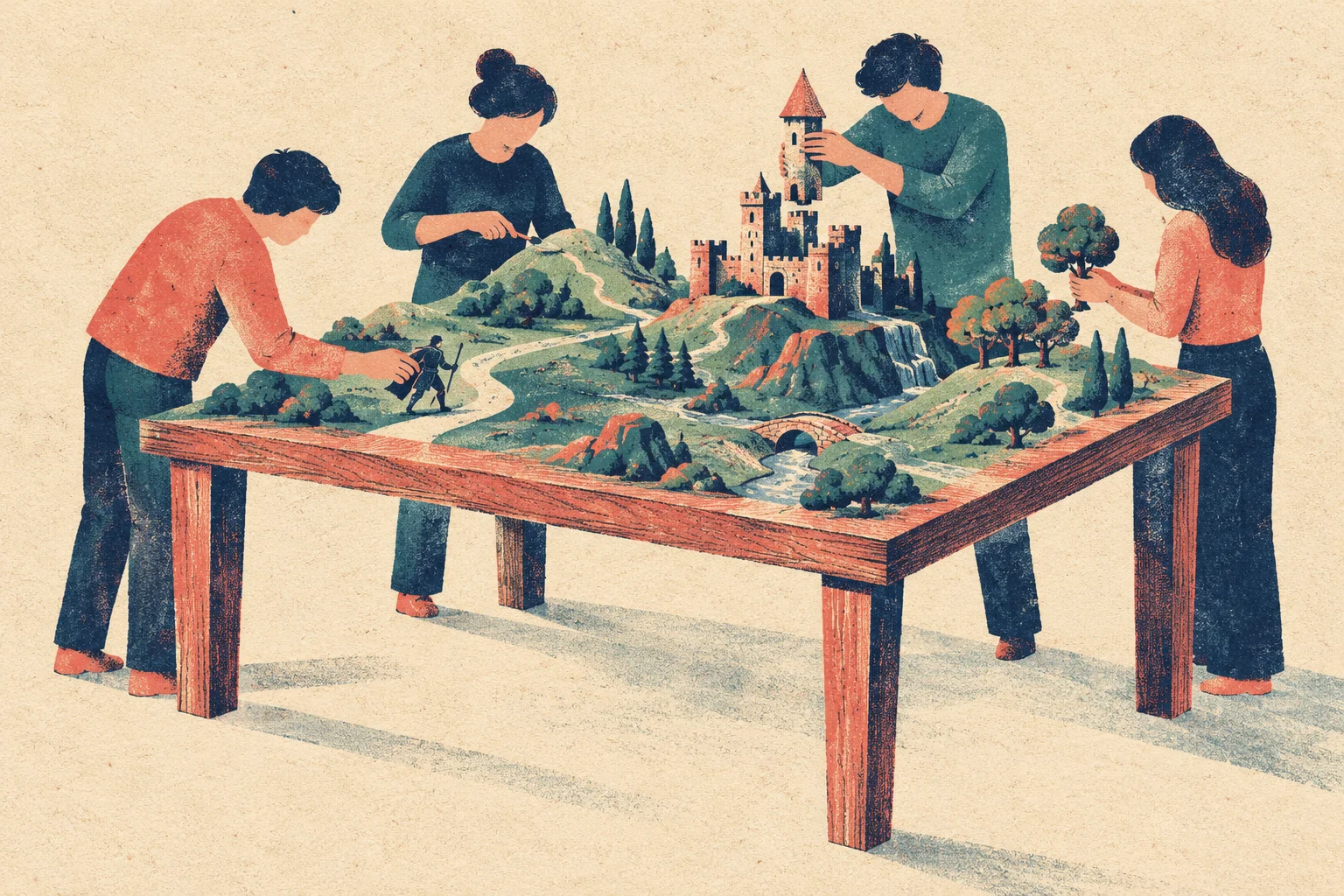 Four people assemble a miniature landscape on a wooden table, placing a castle, trees, and a figurine among hills, winding paths, a river, and a bridge.