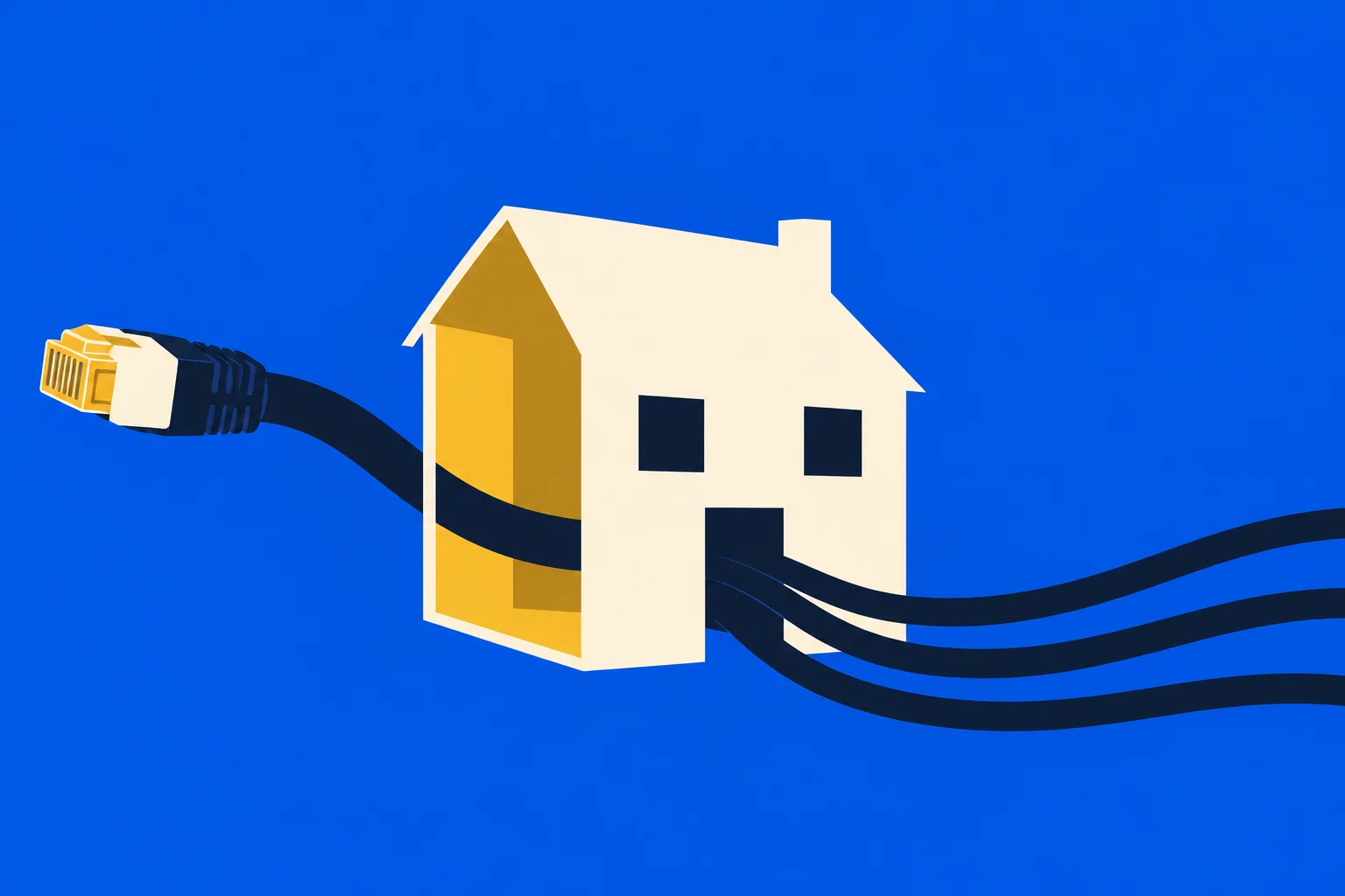 A cream-colored house on a blue background has a thick network cable entering from the left and three dark cables extending out to the right.