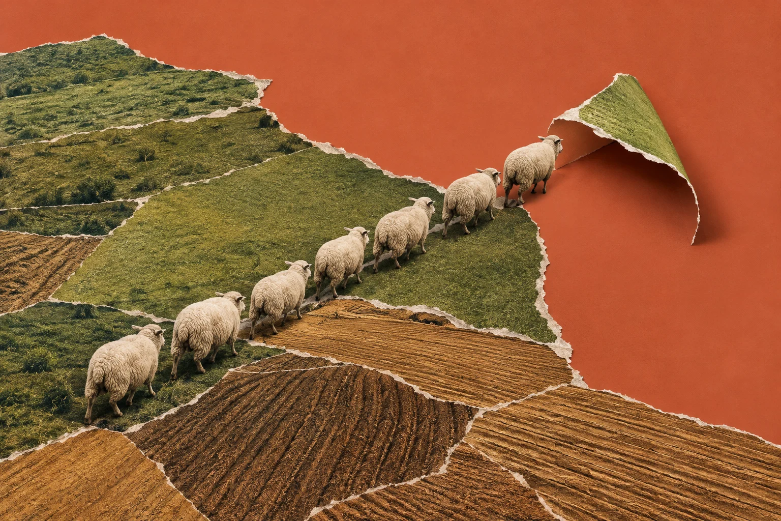 Seven sheep walk in a line across torn paper fields toward a curled flap, against a rust-orange background.