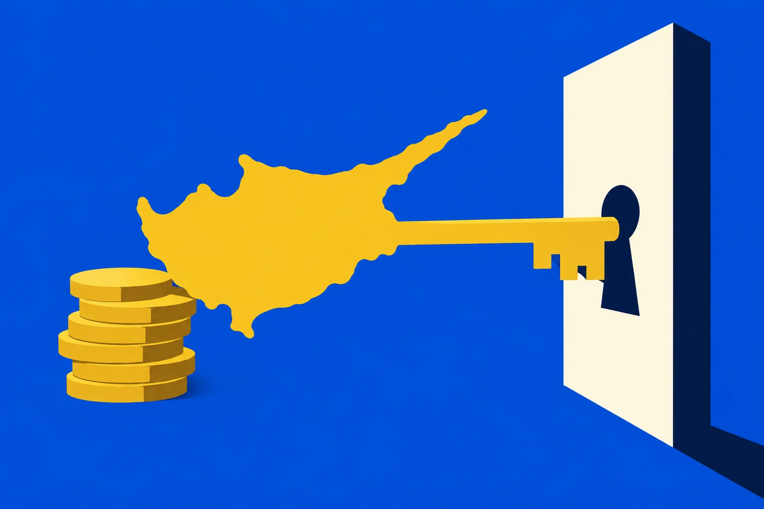 A gold key shaped like Cyprus extends from stacked gold coins into a keyhole on a tall white door against a blue background.