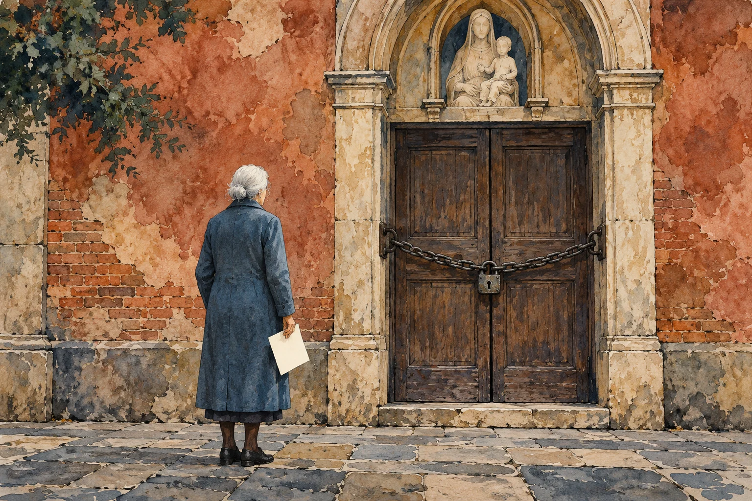 An elderly woman holding a paper stands before chained wooden church doors beneath a Madonna and child statue, surrounded by weathered plaster and exposed brick.