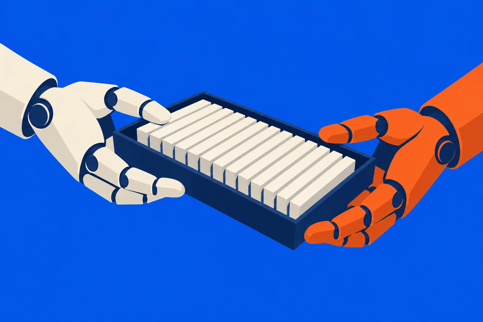 A cream-colored robotic hand and an orange robotic hand hold a dark blue tray filled with parallel cream-colored bars against a bright blue background.