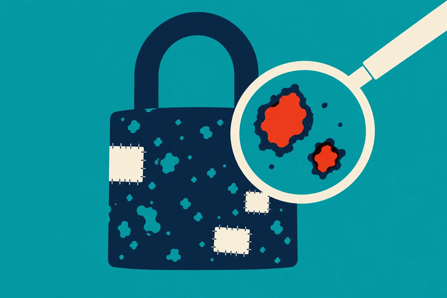A magnifying glass reveals red damaged areas on a dark blue padlock with holes and stitched patches against a teal background.