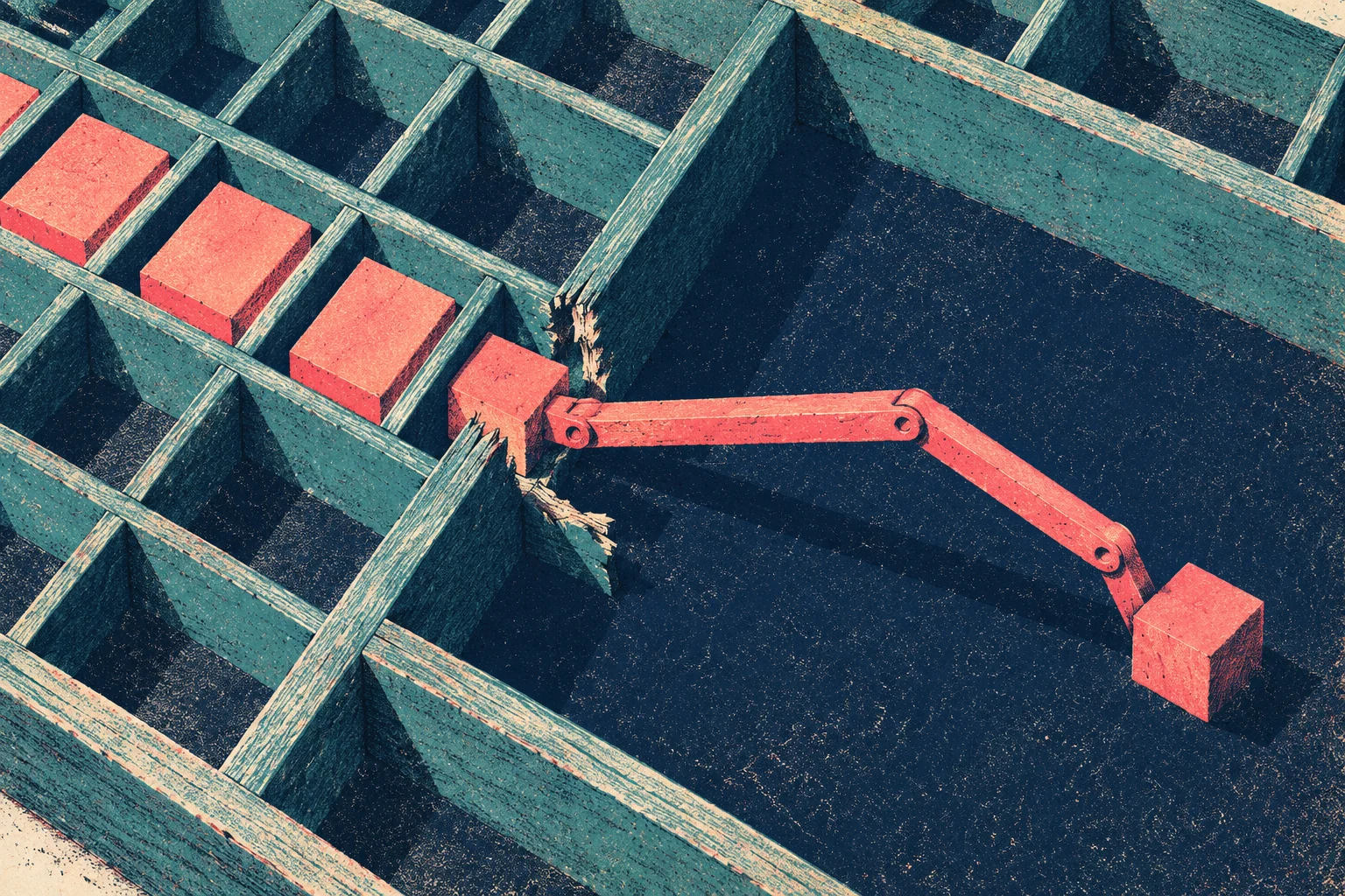 A red articulated mechanical arm breaks through a teal wooden maze wall, connecting a row of red blocks to a lone block outside.