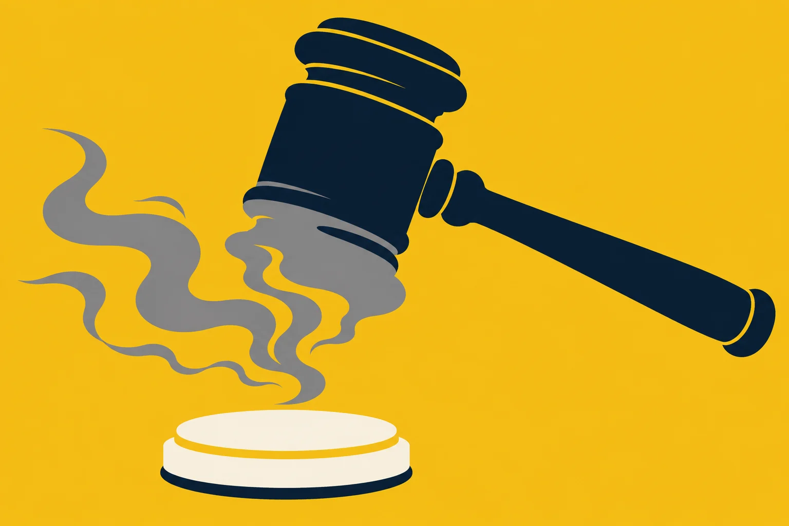 A dark blue judge’s gavel hovers above a cream sound block, with gray smoke curling between them against a yellow background.