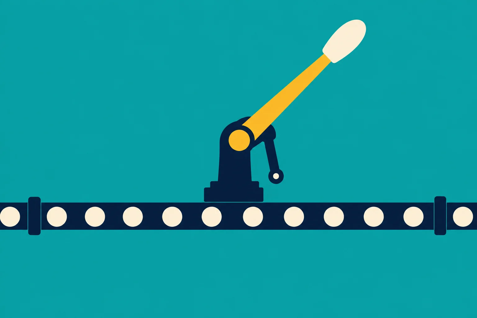 A yellow lever with a cream handle rises diagonally from a navy pivot above a horizontal navy bar dotted with cream circles against a teal background.