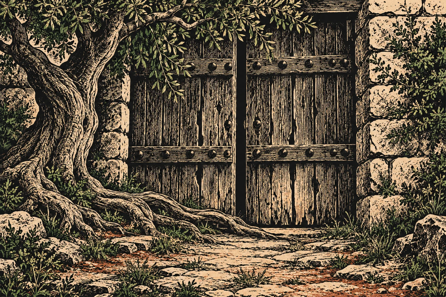 A gnarled tree spreads roots across a rocky path before weathered wooden double doors set in a stone wall surrounded by foliage.