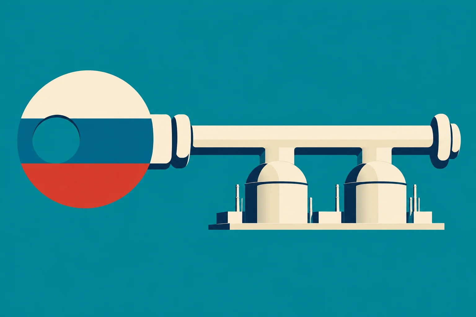 A stylized pipeline connects a circular Russian tricolor symbol to two cream-colored industrial storage tanks against a teal background.