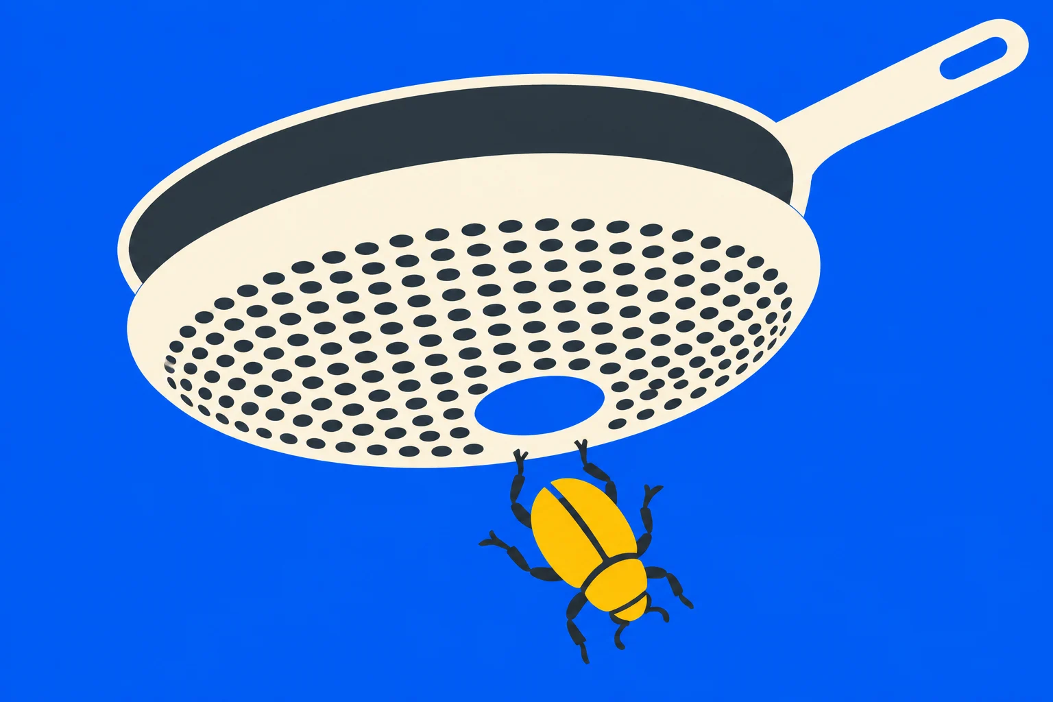 A yellow beetle hangs beneath a cream-colored perforated frying pan with a dark interior and long handle against a bright blue background.