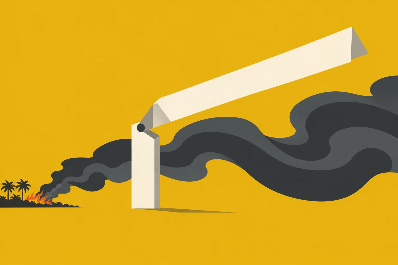A giant open cigarette lighter stands against a yellow background, with dark smoke flowing from a small fire among palm trees through its body.