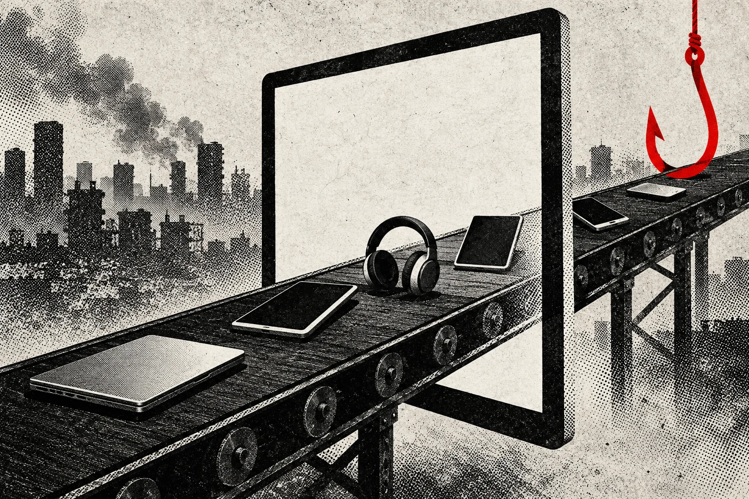 Electronic devices travel along a conveyor belt through a giant tablet frame toward a red fishing hook, with a smoky industrial skyline behind them.