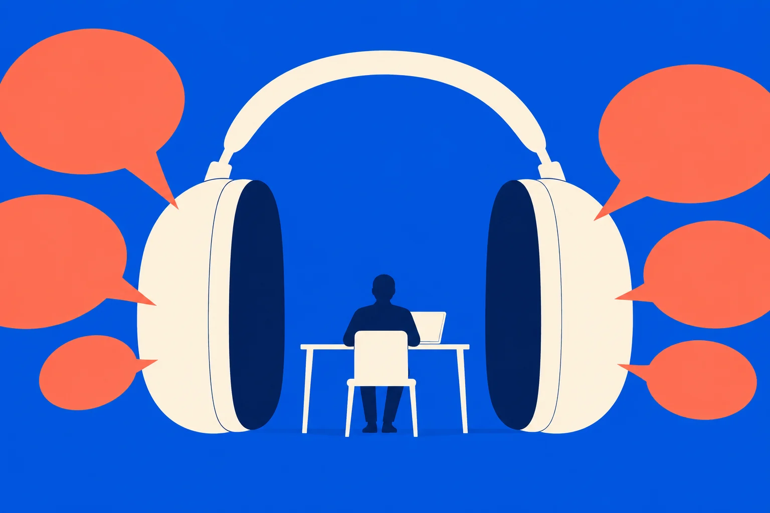 A person sits at a desk with a laptop inside oversized cream headphones, surrounded by orange speech bubbles against a blue background.