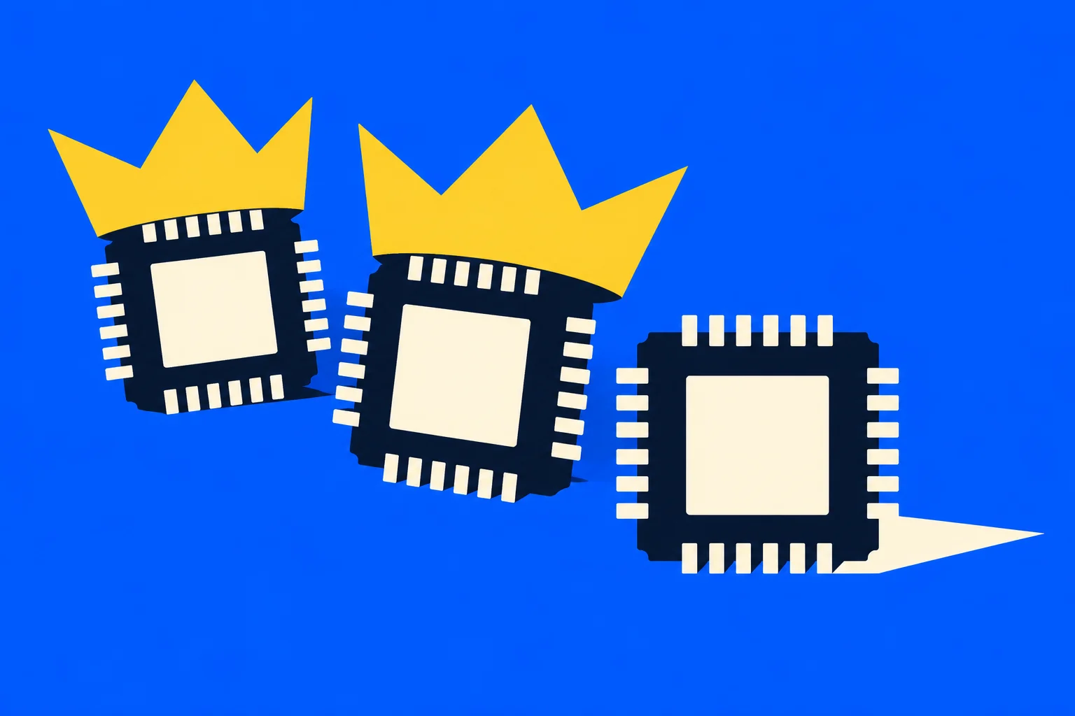 Three dark microchips with cream centers and pins sit against a bright blue background, with yellow crowns above the left and middle chips.