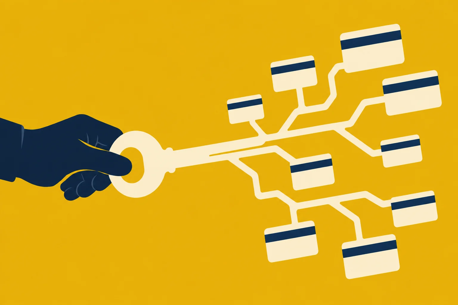 A dark blue hand holds a cream key branching into connections to eight card-shaped rectangles against a yellow background.