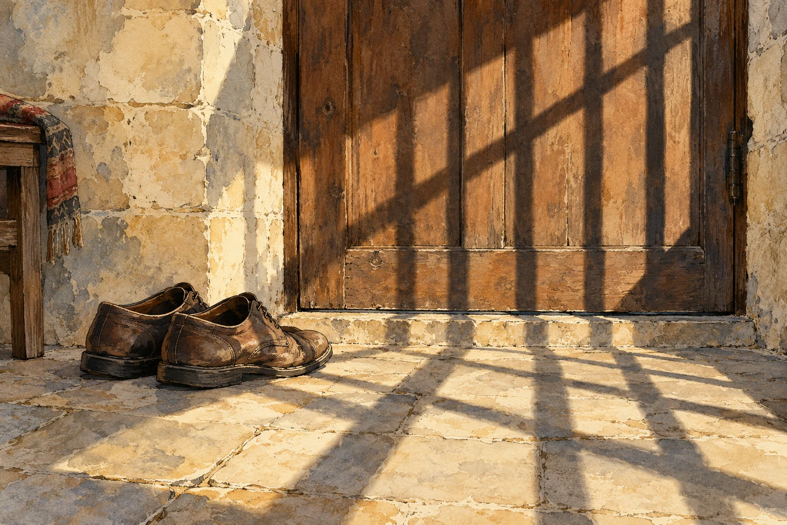 Worn brown leather shoes rest on a sunlit stone floor beside a wooden door, with window shadows crossing the door and tiles.