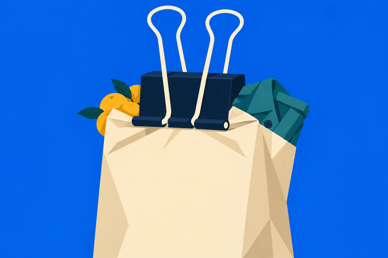 A large black binder clip with cream handles grips a crumpled paper grocery bag holding oranges and a teal garment against a bright blue background.