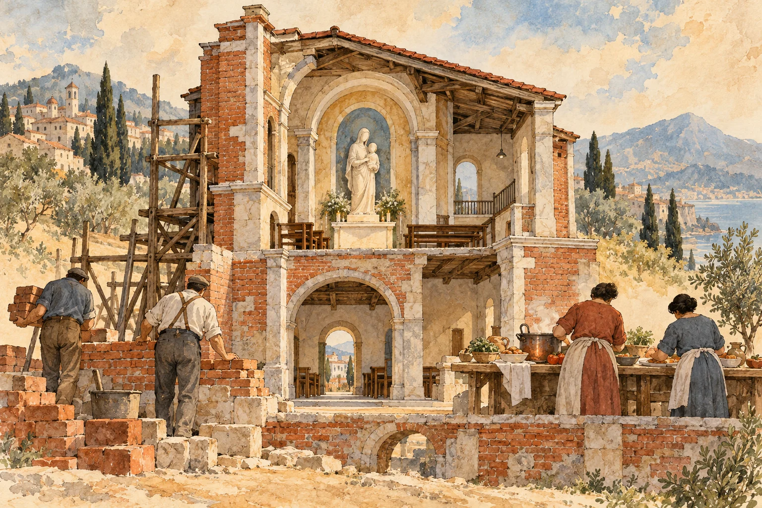 Workers build a brick chapel with a Madonna and child statue while two women prepare food, overlooking a Mediterranean village, mountains, and sea.