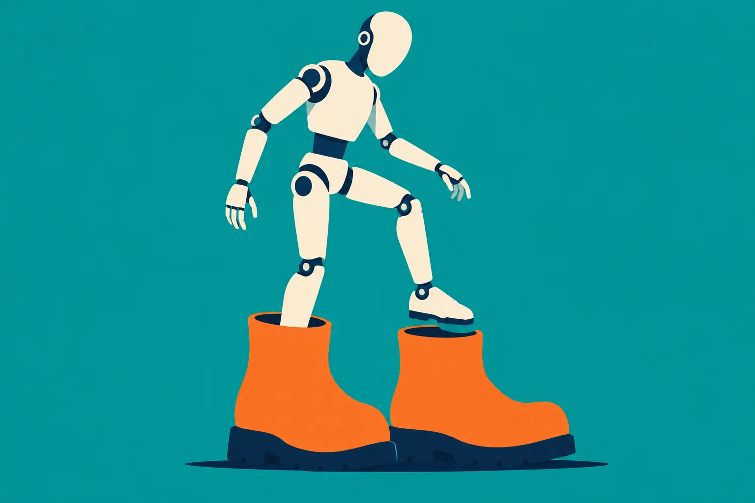 A cream and navy humanoid robot balances with one leg inside an oversized orange boot and the other foot raised above a matching boot against a teal background.