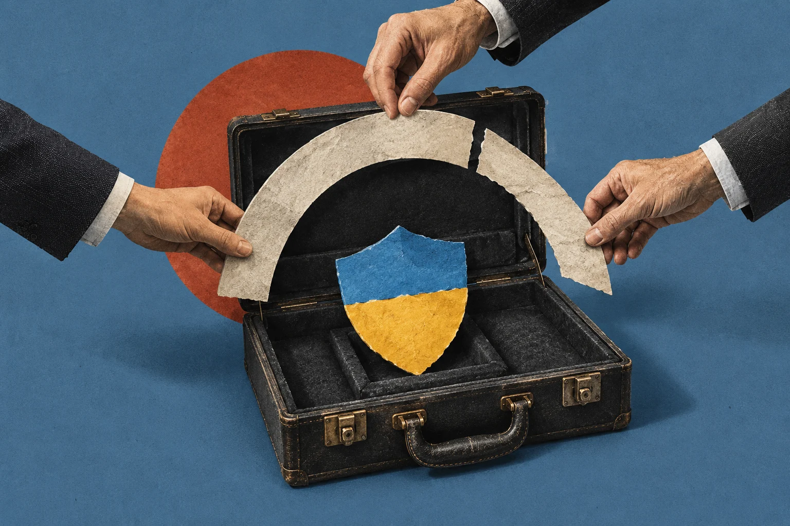 Three hands hold pieces of a broken stone arch above a blue-and-yellow Ukrainian shield inside an open black briefcase against a blue background with an orange circle.